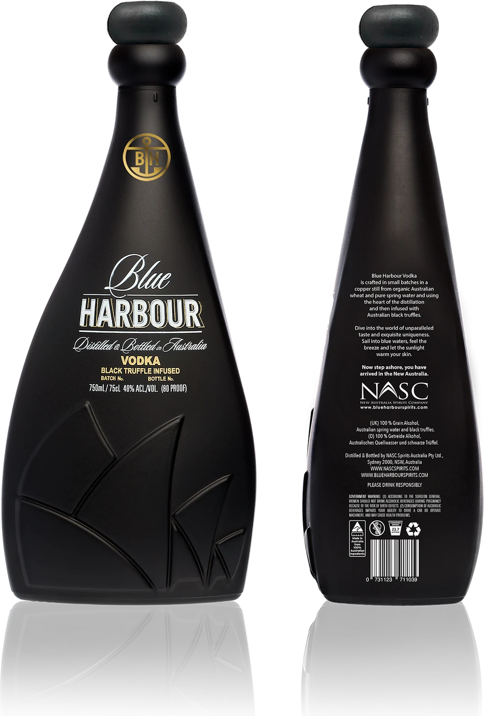 Blue Harbour Black truffle vodka bottle, front and back