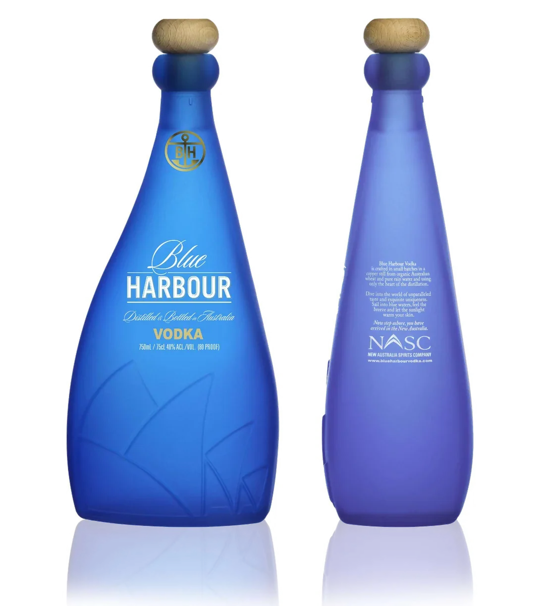 Blue Harbour Blue vodka bottle, front and back