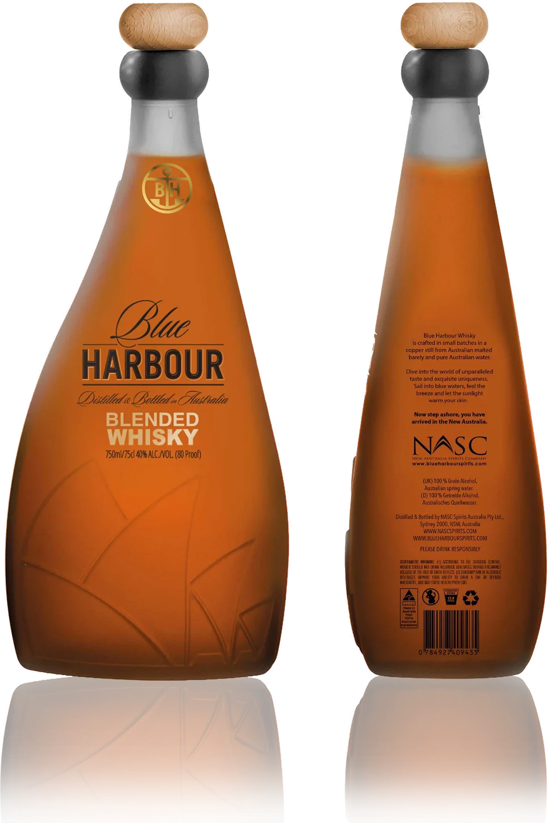 Blue Harbour Gold whisky bottle, front and back