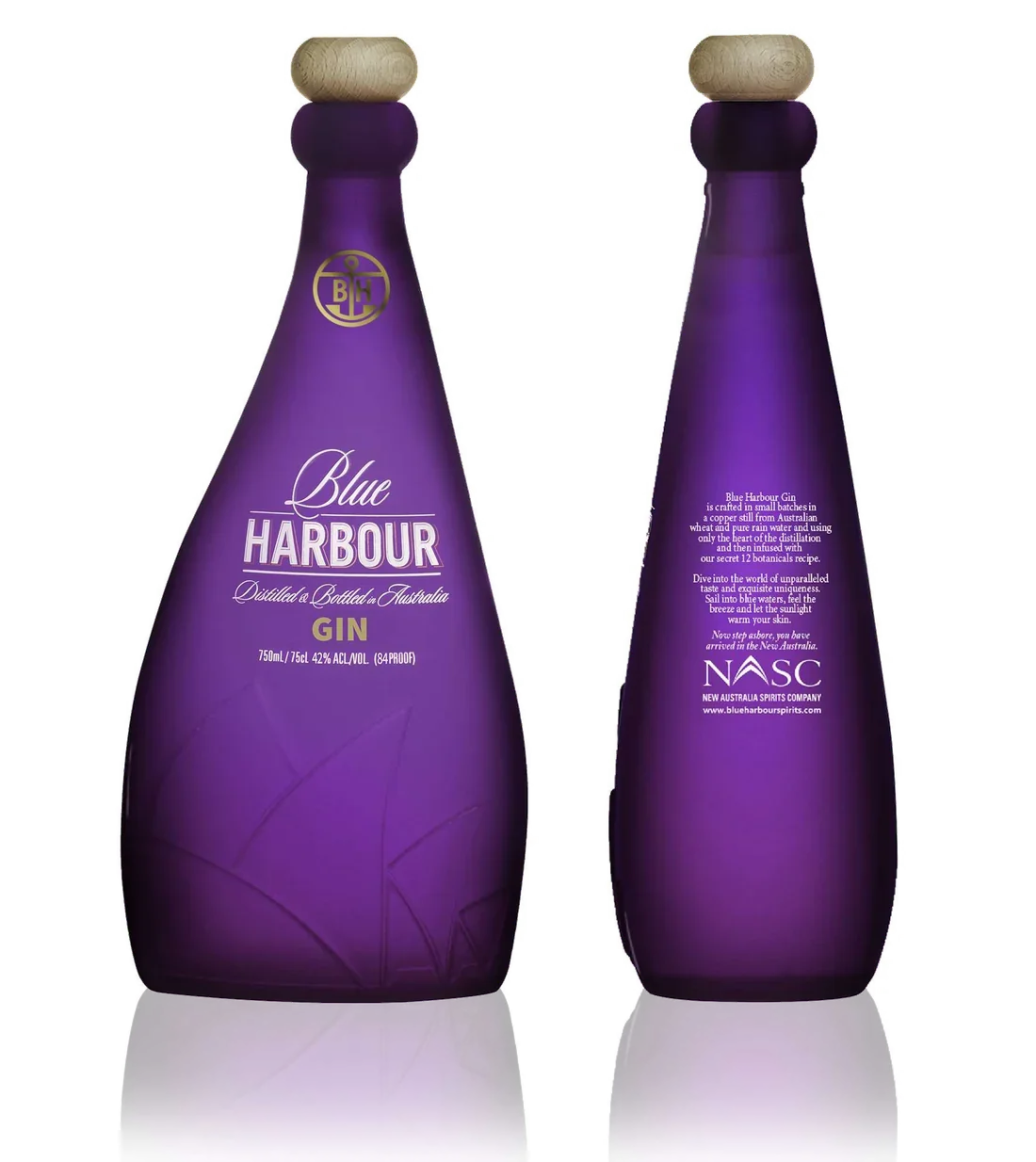 Blue Harbour Purple gin bottle, front and back