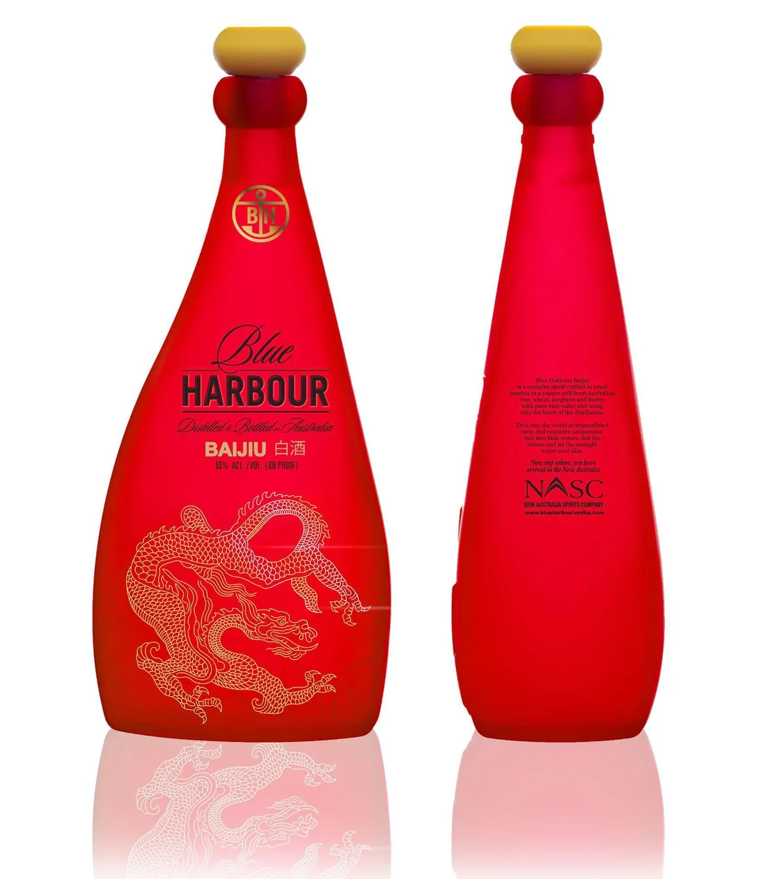 Blue Harbour Red baijiu bottle, front and back
