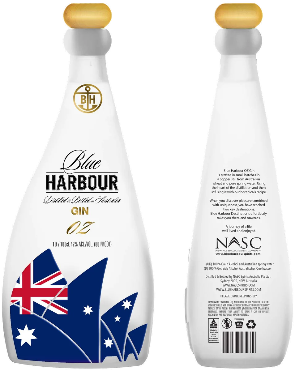 Blue Harbour Destinations Gin — Sydney, OZ, front and back