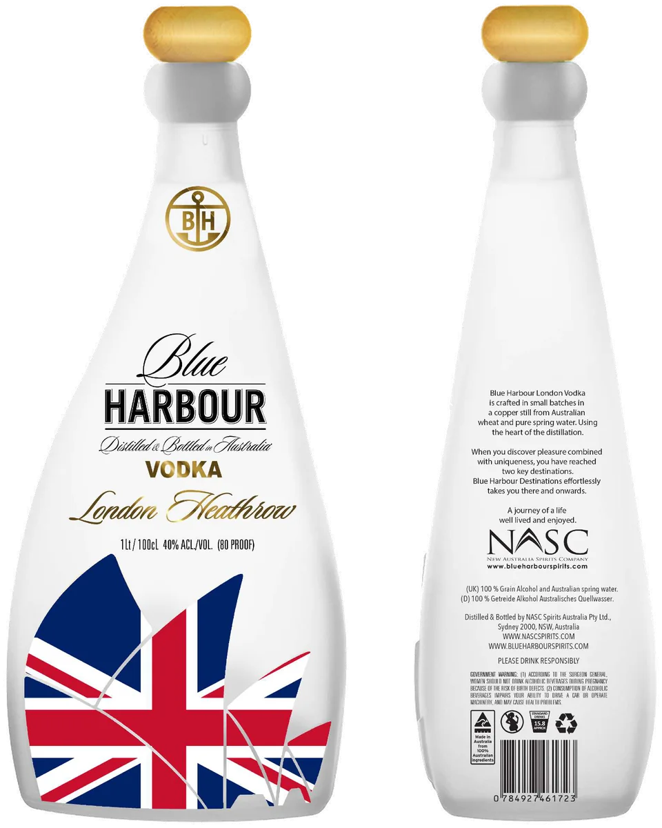 Blue Harbour Destinations Vodka — London Heathrow, front and back