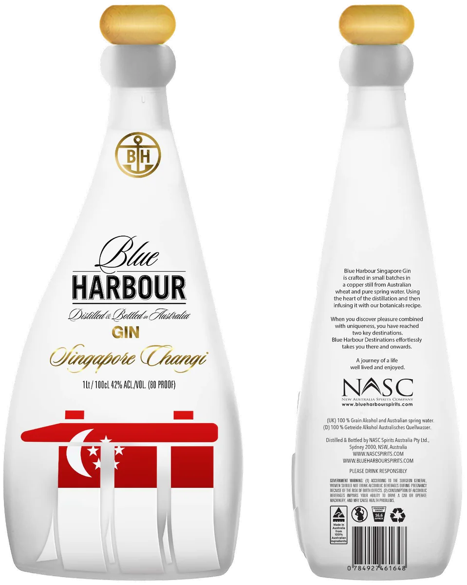 Blue Harbour Destinations Gin — Singapore Changi, front and back