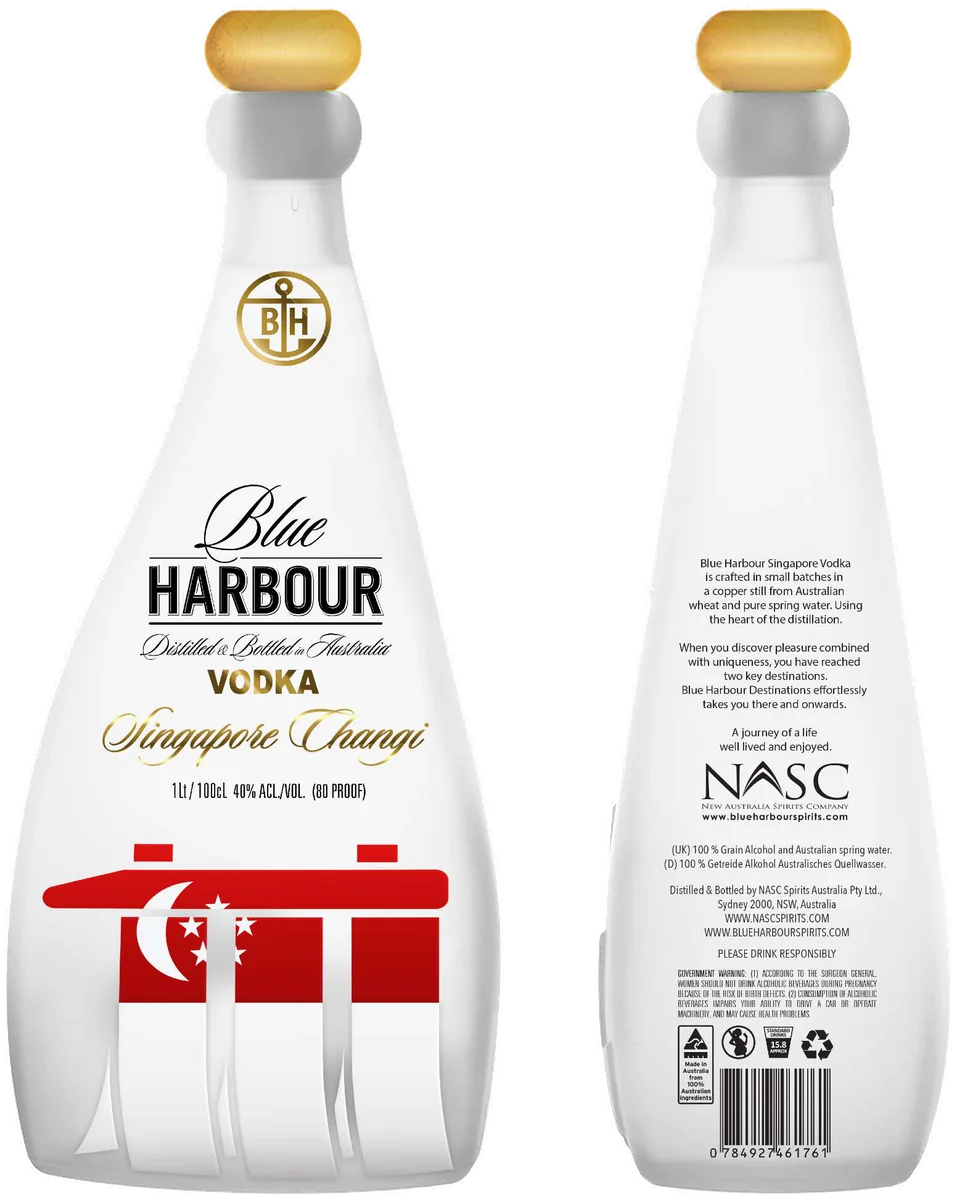 Blue Harbour Destinations Vodka — Singapore Changi, front and back