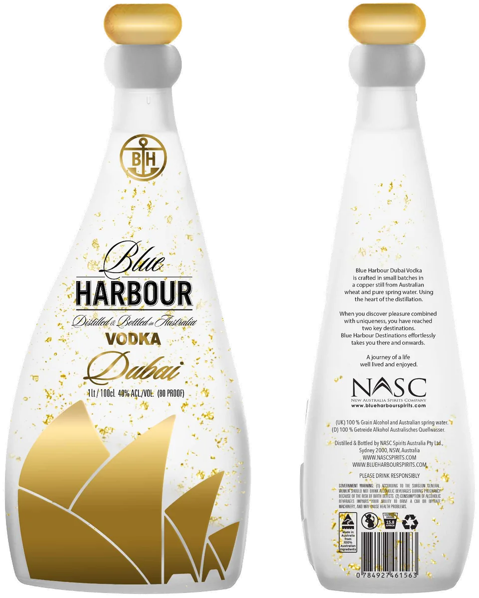 Blue Harbour Destinations Vodka — Dubai, front and back