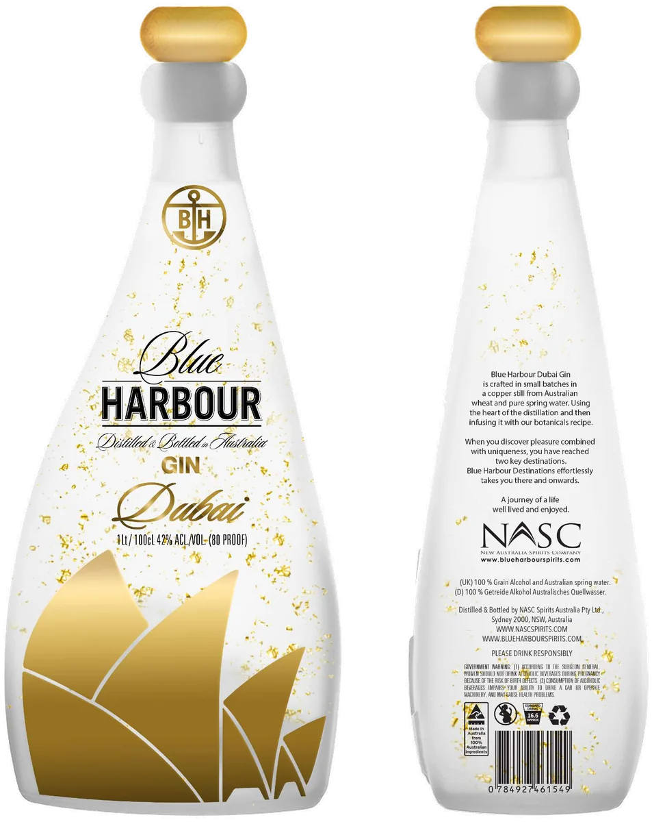 Blue Harbour Destinations Gin — Dubai, front and back