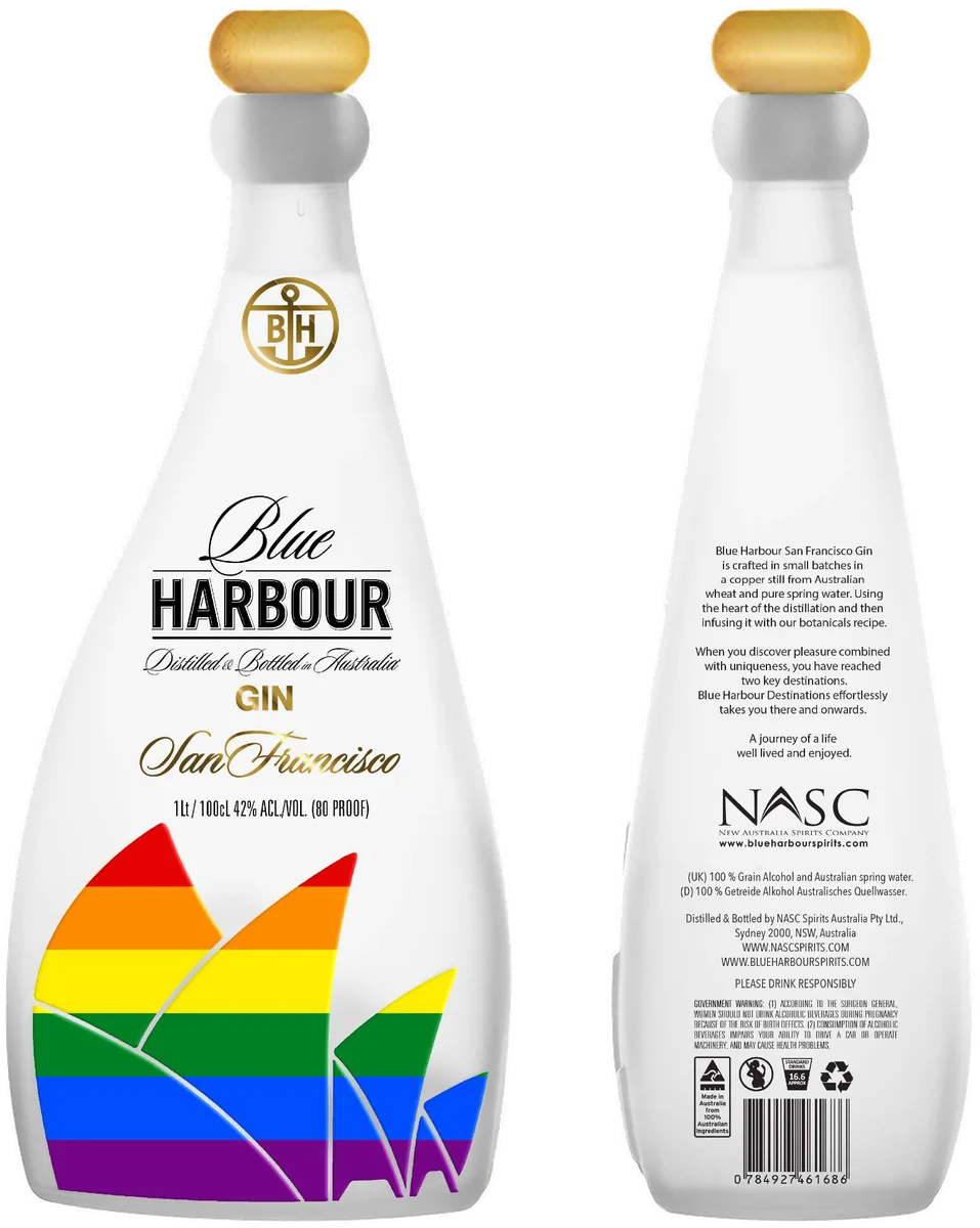 Blue Harbour Destinations Gin — San Francisco, front and back