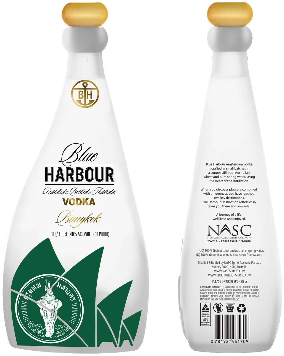 Blue Harbour Destinations Vodka — Bangkok, front and back