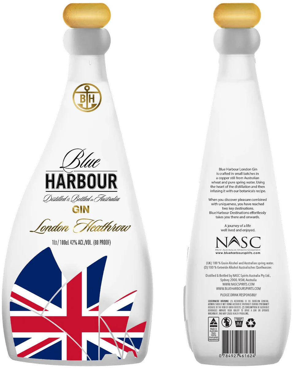 Blue Harbour Destinations Gin — London Heathrow, front and back