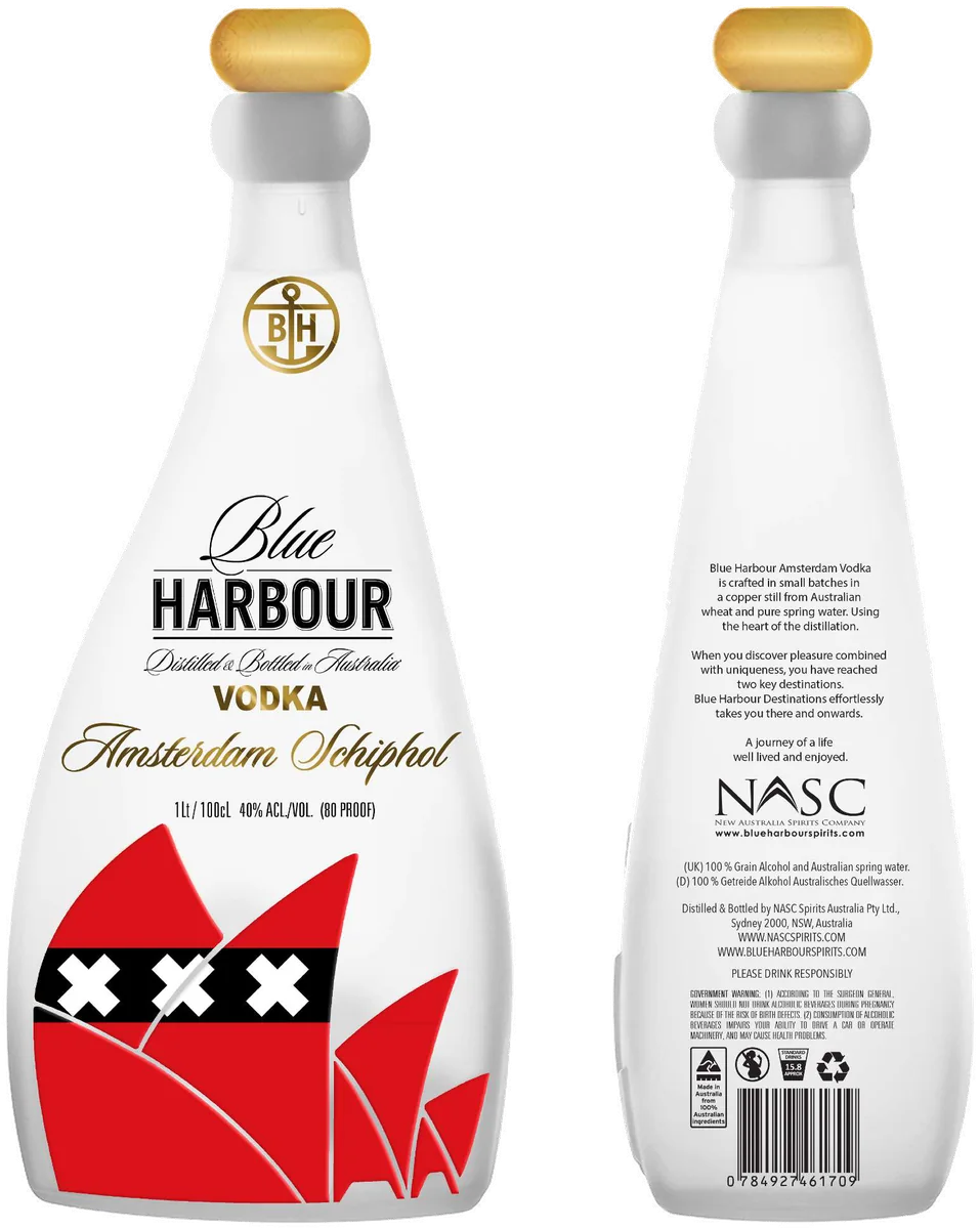 Blue Harbour Destinations Vodka — Amsterdam Schiphol, front and back