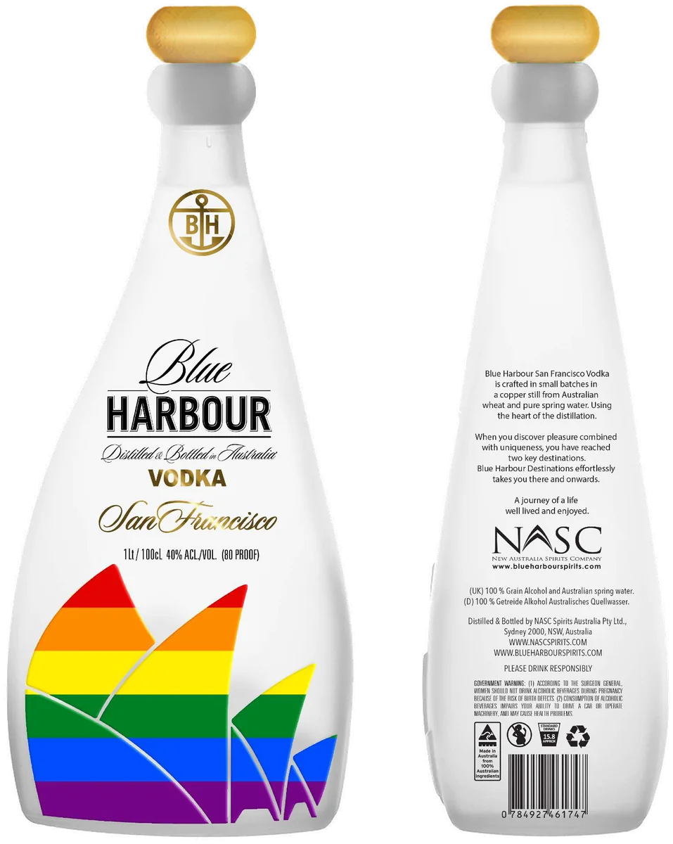 Blue Harbour Destinations Vodka — San Francisco, front and back