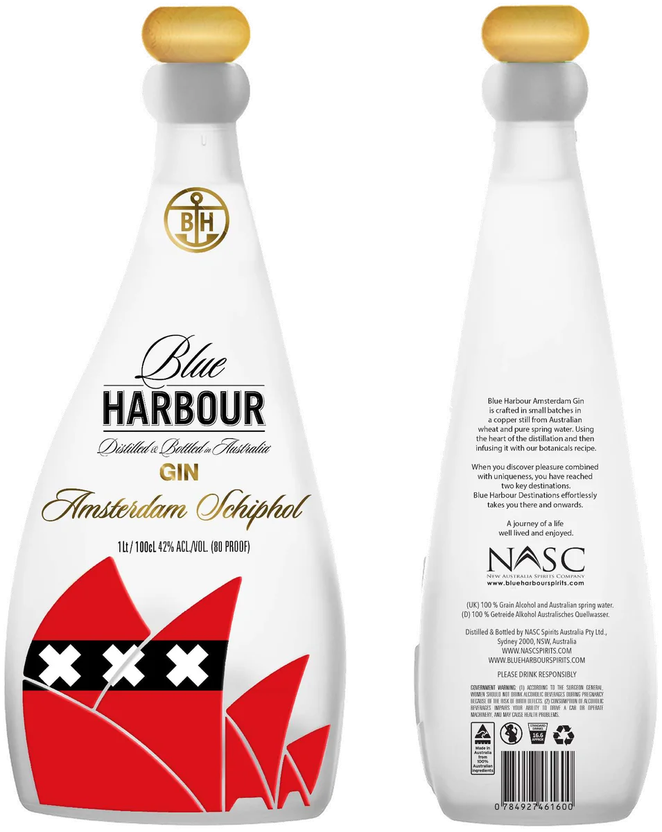 Blue Harbour Destinations Gin — Amsterdam Schiphol, front and back